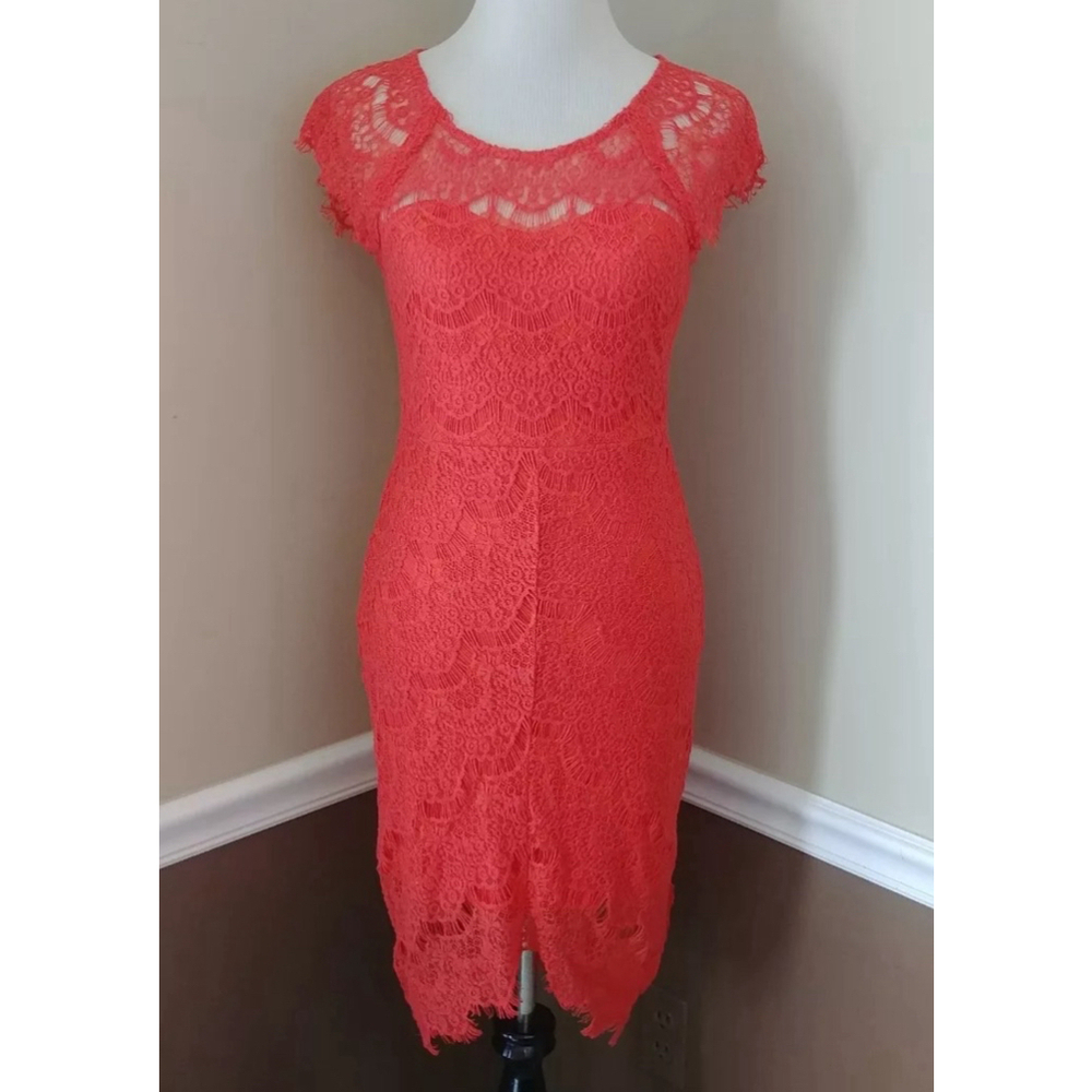 Lace Open Back Cocktail Dress Red-Orange Asymmetric Hem by Soiéblu Modcloth - Picture 7 of 9